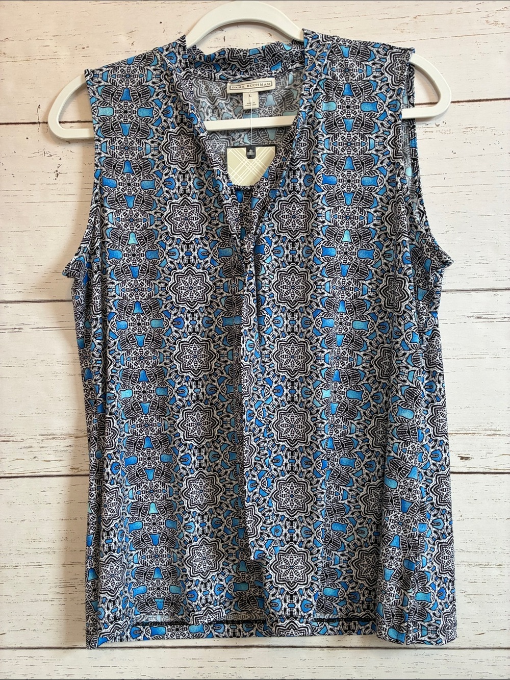 Dana Buchman Sleeveless V Neck Top in Blue/Black/White Pattern, sz L, NWT - Picture 10 of 15